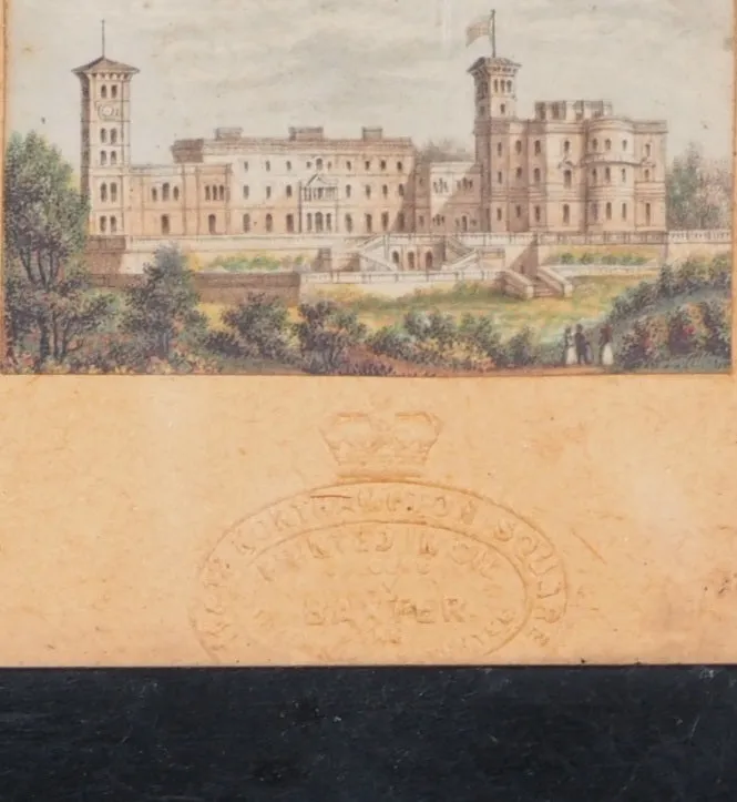 George Baxter, 1804-1867.  Two circa 1851 "Needle Box" miniature prints, of Crystal Palace and of Osborne House.