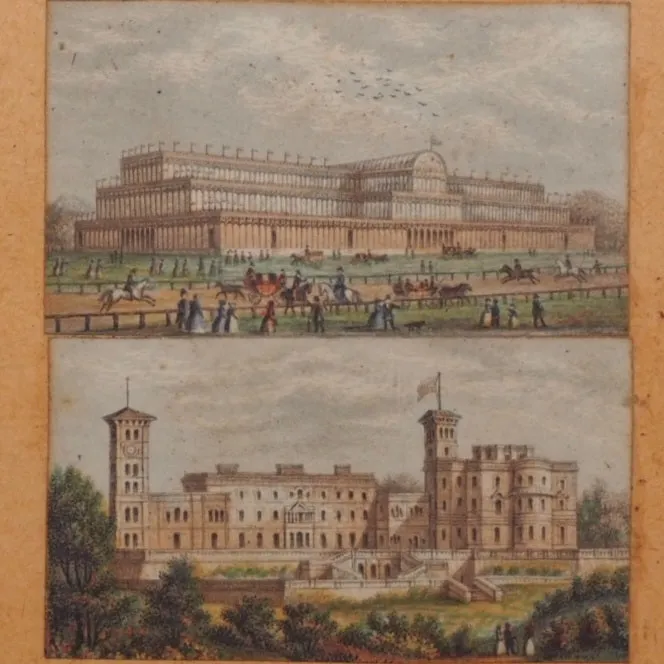 George Baxter, 1804-1867.  Two circa 1851 "Needle Box" miniature prints, of Crystal Palace and of Osborne House.